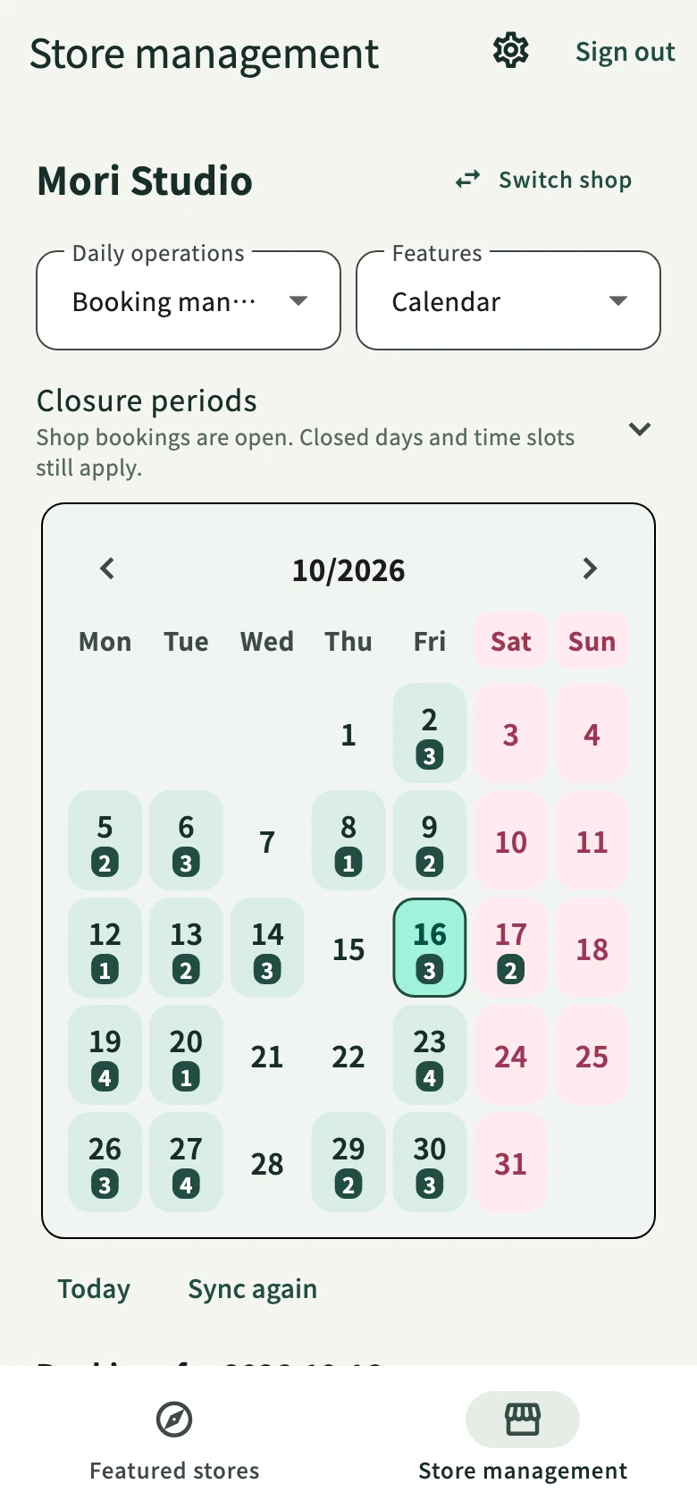 App booking calendar (sample data)